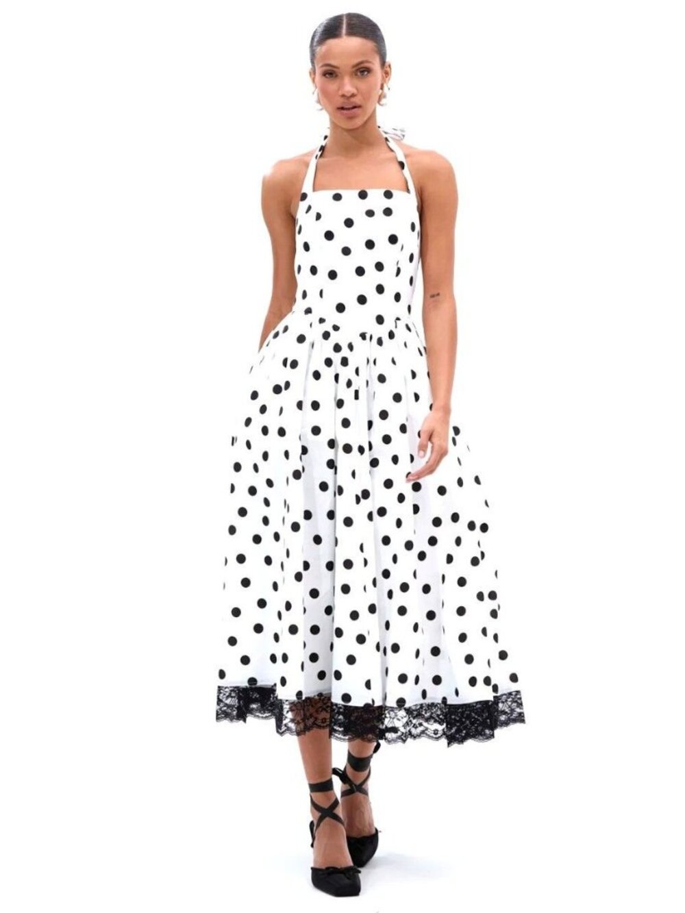 NWT Akira Black White Dolly Polka Dot Retro Midi Halter Dress Women Size Small